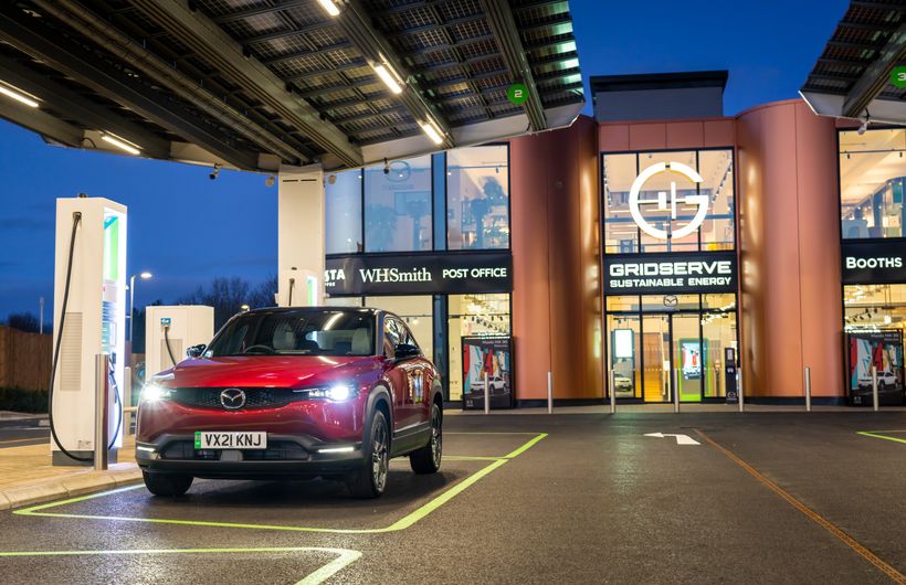 Mazda MX 30 sport tech electric car charging at Gridserve